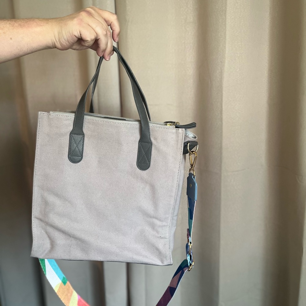 Gray Canvas Tote Bag with Colorful Strap
